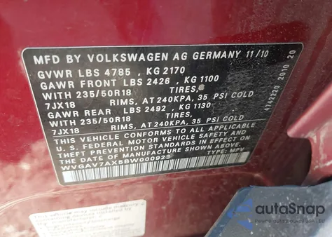 2011 Volkswagen Tiguan Se from USA, damaged, VIN WVGAV7AX5BW000923
